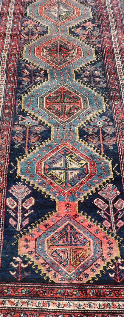 Antique Hand Knotted Hamadan Runner with Tribal Medallion Design in Jewel Tones Colorful Persian Hamadan runner with tribal Motifs, Vertical Medallion Design, Keivan Woven Arts / rug EMB - 9705 - P13454, country of origin / type: Iran / Hamadan,... - Keivan Woven ArtsEMB - 9705 - P13454 - 16442Rug