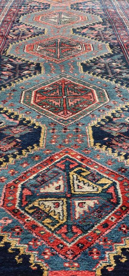 Antique Hand Knotted Hamadan Runner with Tribal Medallion Design in Jewel Tones Colorful Persian Hamadan runner with tribal Motifs, Vertical Medallion Design, Keivan Woven Arts / rug EMB - 9705 - P13454, country of origin / type: Iran / Hamadan,... - Keivan Woven ArtsEMB - 9705 - P13454 - 16442Rug