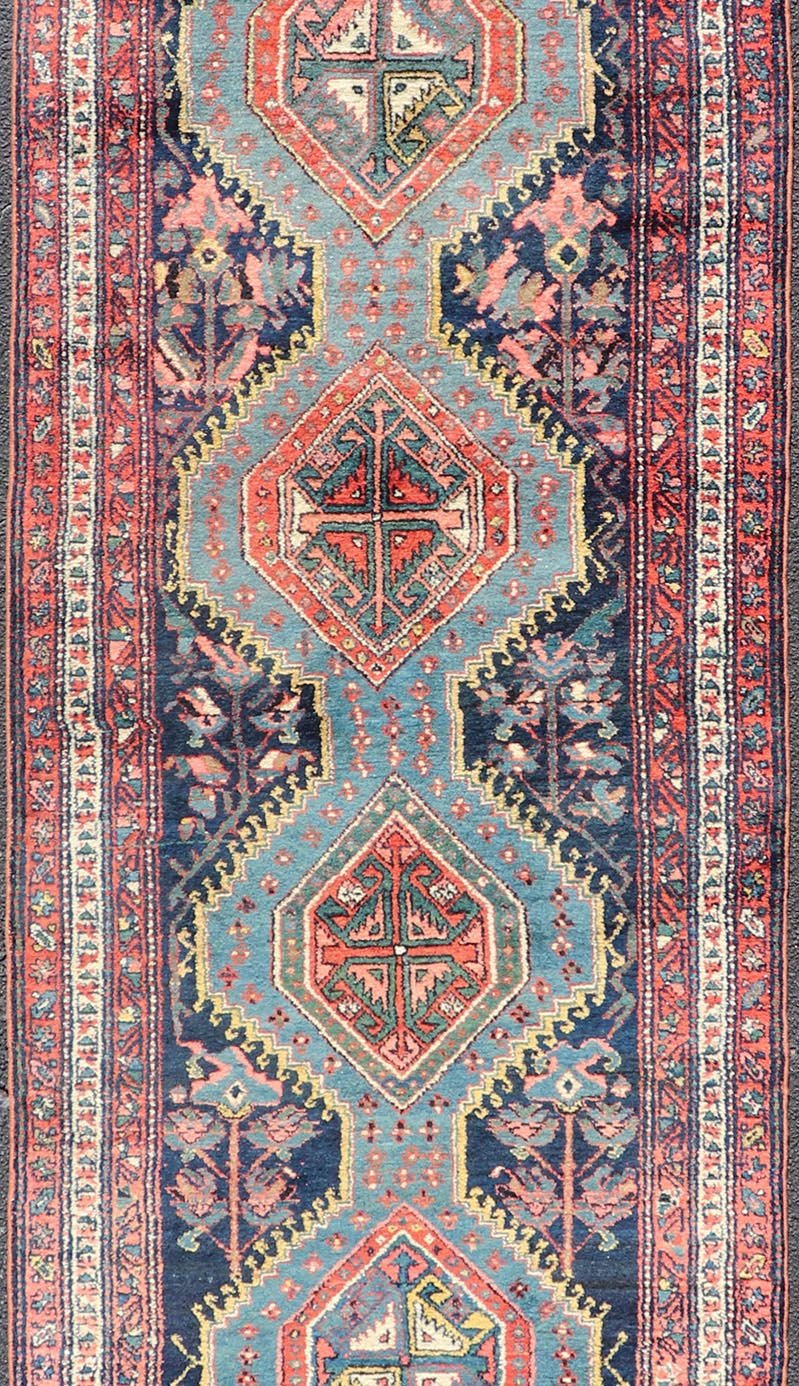 Antique Hand Knotted Hamadan Runner with Tribal Medallion Design in Jewel Tones Colorful Persian Hamadan runner with tribal Motifs, Vertical Medallion Design, Keivan Woven Arts / rug EMB - 9705 - P13454, country of origin / type: Iran / Hamadan,... - Keivan Woven ArtsEMB - 9705 - P13454 - 16442Rug
