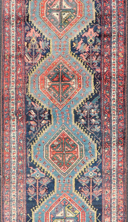 Antique Hand Knotted Hamadan Runner with Tribal Medallion Design in Jewel Tones Colorful Persian Hamadan runner with tribal Motifs, Vertical Medallion Design, Keivan Woven Arts / rug EMB - 9705 - P13454, country of origin / type: Iran / Hamadan,... - Keivan Woven ArtsEMB - 9705 - P13454 - 16442Rug