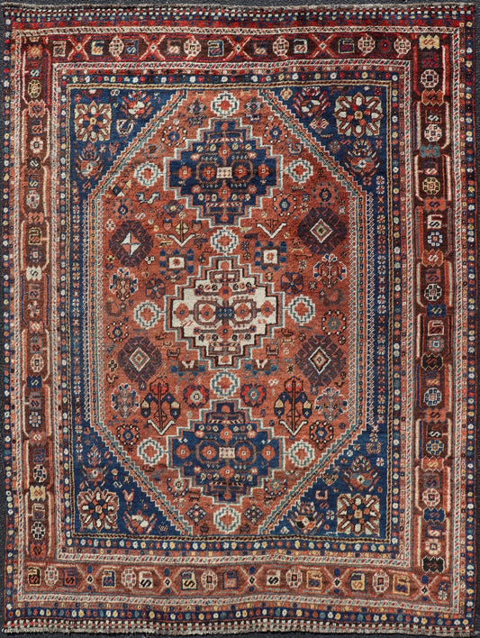 Antique Persian Shiraz Rug Tri - Medallion Geometrics in Rusty Orange and Blue Persian Shiraz antique rug in blue and brunt orange with Medallion geometric design, Keivan Woven Arts / rug EMB - 9706 - P13456, country of origin / type: Iran / Shiraz, c... - Keivan Woven ArtsEMB - 9706 - P13456 - 16448Rug
