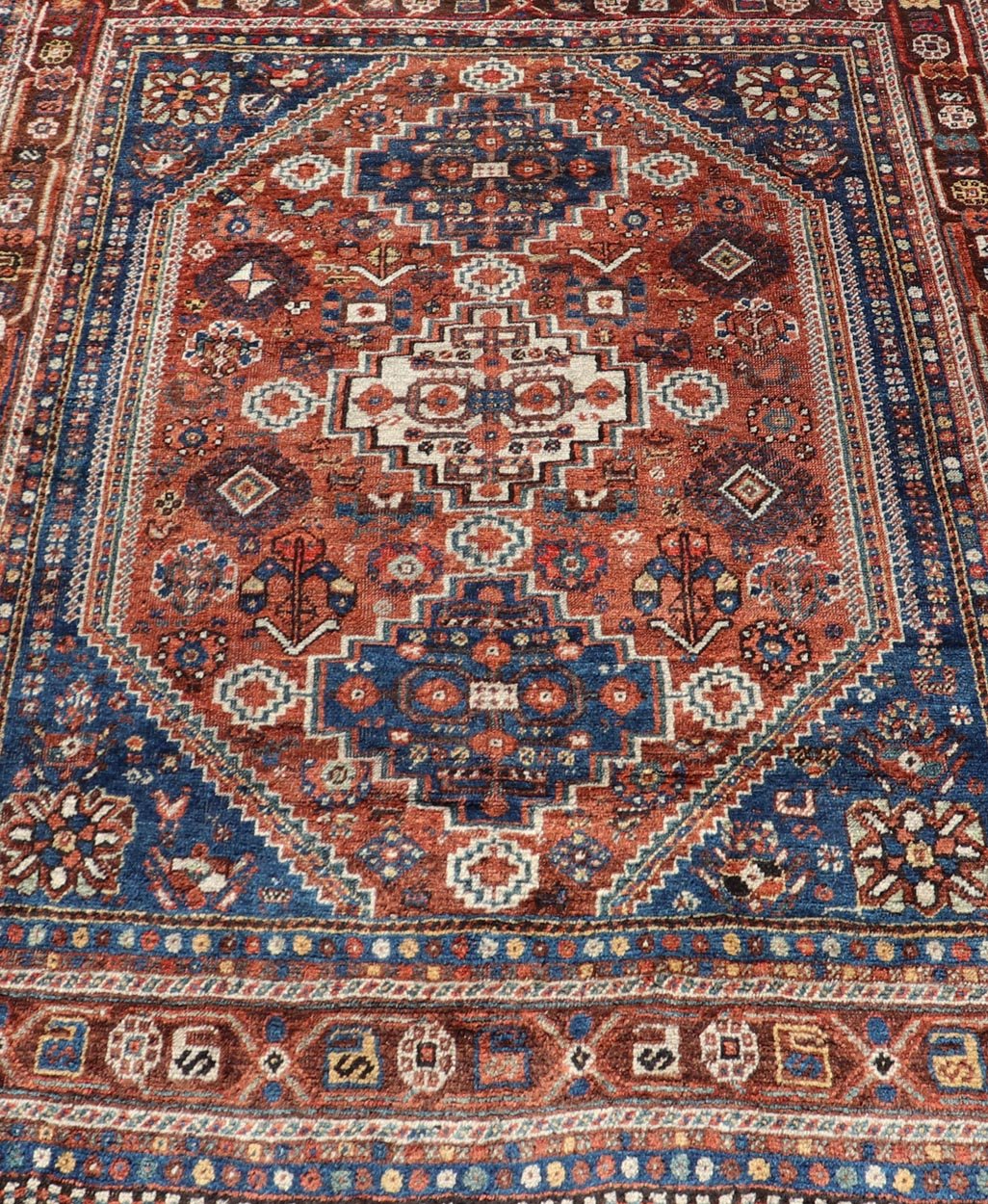 Antique Persian Shiraz Rug Tri - Medallion Geometrics in Rusty Orange and Blue Persian Shiraz antique rug in blue and brunt orange with Medallion geometric design, Keivan Woven Arts / rug EMB - 9706 - P13456, country of origin / type: Iran / Shiraz, c... - Keivan Woven ArtsEMB - 9706 - P13456 - 16448Rug