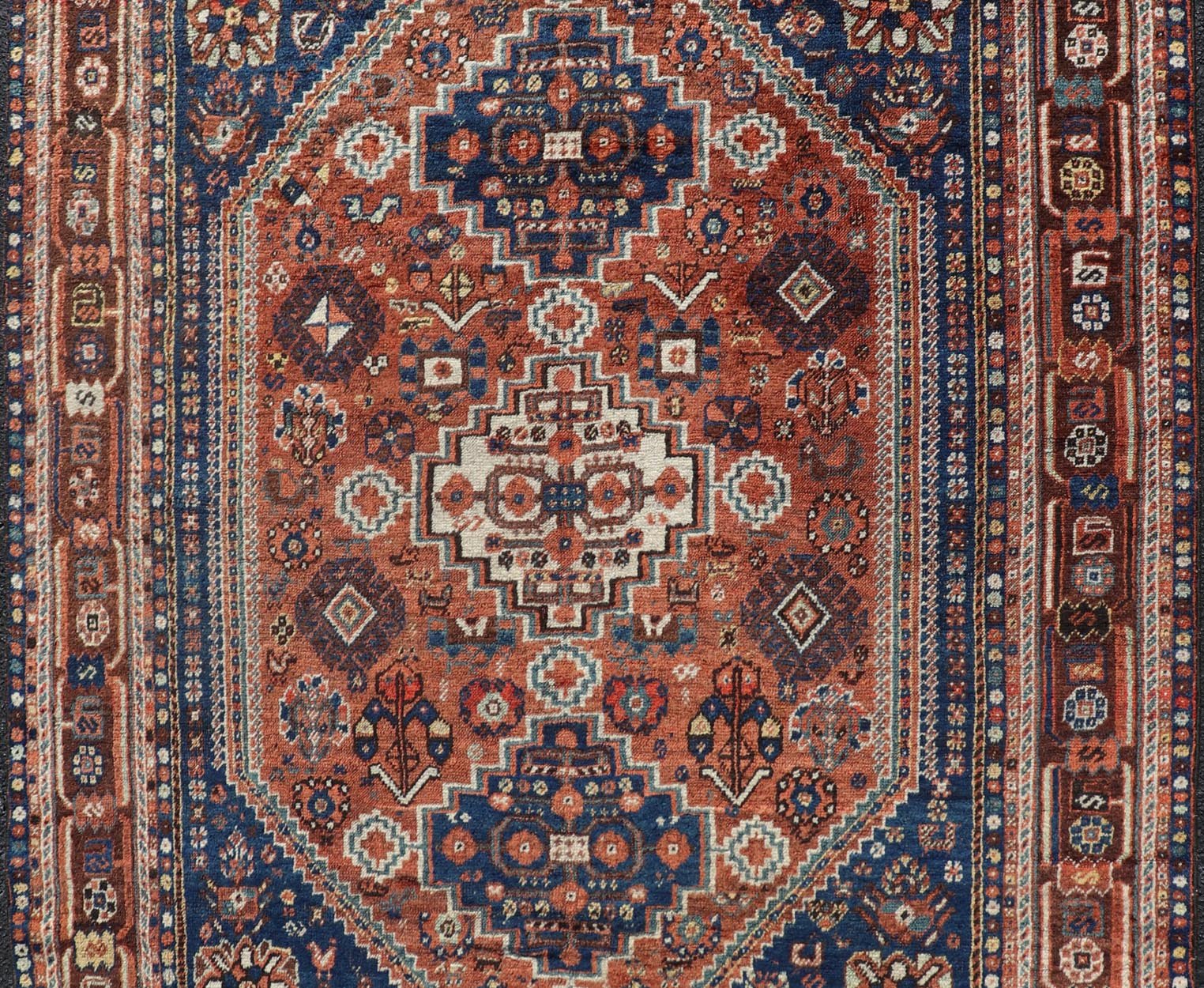 Antique Persian Shiraz Rug Tri - Medallion Geometrics in Rusty Orange and Blue Persian Shiraz antique rug in blue and brunt orange with Medallion geometric design, Keivan Woven Arts / rug EMB - 9706 - P13456, country of origin / type: Iran / Shiraz, c... - Keivan Woven ArtsEMB - 9706 - P13456 - 16448Rug