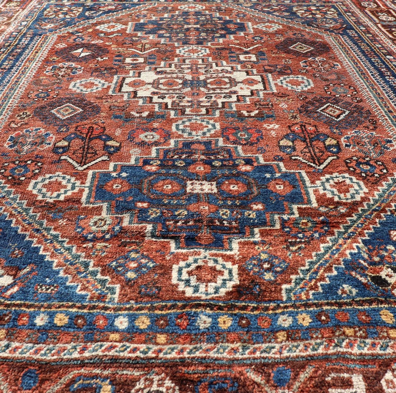 Antique Persian Shiraz Rug Tri - Medallion Geometrics in Rusty Orange and Blue Persian Shiraz antique rug in blue and brunt orange with Medallion geometric design, Keivan Woven Arts / rug EMB - 9706 - P13456, country of origin / type: Iran / Shiraz, c... - Keivan Woven ArtsEMB - 9706 - P13456 - 16448Rug