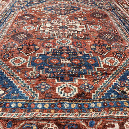 Antique Persian Shiraz Rug Tri - Medallion Geometrics in Rusty Orange and Blue Persian Shiraz antique rug in blue and brunt orange with Medallion geometric design, Keivan Woven Arts / rug EMB - 9706 - P13456, country of origin / type: Iran / Shiraz, c... - Keivan Woven ArtsEMB - 9706 - P13456 - 16448Rug