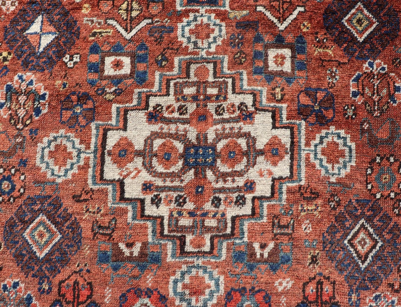 Antique Persian Shiraz Rug Tri - Medallion Geometrics in Rusty Orange and Blue Persian Shiraz antique rug in blue and brunt orange with Medallion geometric design, Keivan Woven Arts / rug EMB - 9706 - P13456, country of origin / type: Iran / Shiraz, c... - Keivan Woven ArtsEMB - 9706 - P13456 - 16448Rug