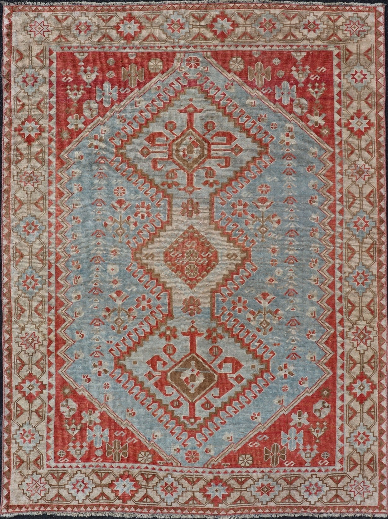 Antique Persian Shiraz Rug with Center Medallions and Sub Geometric Design. Keivan Woven Arts / rug EMB - 9708 - P13900, country of origin / type: Iran / Shiraz, circa 1920. This antique Persian Shiraz rug has been hand - knotted in wool and features ... - Keivan Woven ArtsEMB - 9708 - P13900 - 16454