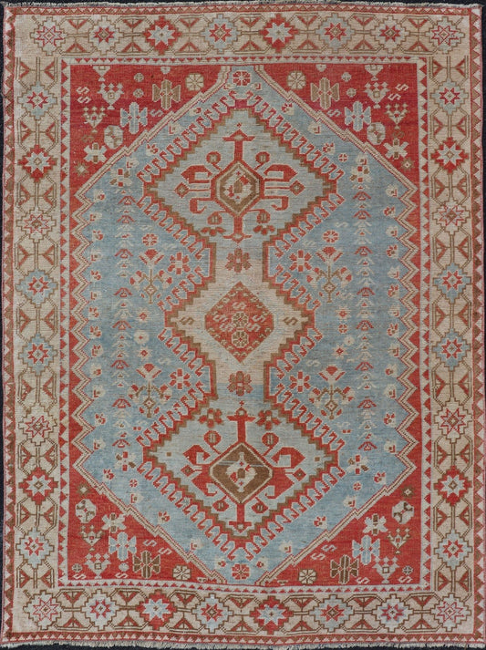 Antique Persian Shiraz Rug with Center Medallions and Sub Geometric Design. Keivan Woven Arts / rug EMB - 9708 - P13900, country of origin / type: Iran / Shiraz, circa 1920. This antique Persian Shiraz rug has been hand - knotted in wool and features ... - Keivan Woven ArtsEMB - 9708 - P13900 - 16454