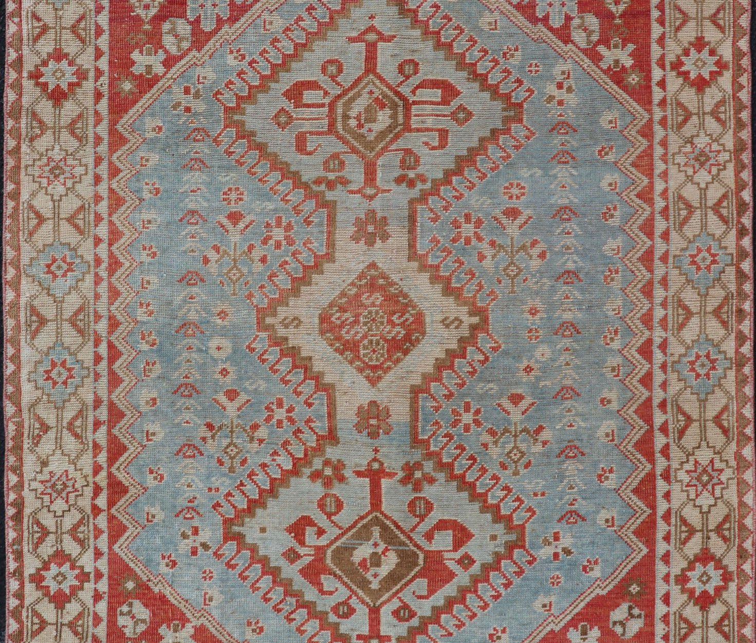 Antique Persian Shiraz Rug with Center Medallions and Sub Geometric Design. Keivan Woven Arts / rug EMB - 9708 - P13900, country of origin / type: Iran / Shiraz, circa 1920. This antique Persian Shiraz rug has been hand - knotted in wool and features ... - Keivan Woven ArtsEMB - 9708 - P13900 - 16454Rug