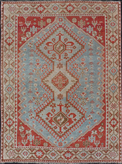 Antique Persian Shiraz Rug with Center Medallions and Sub Geometric Design. Keivan Woven Arts / rug EMB - 9708 - P13900, country of origin / type: Iran / Shiraz, circa 1920. This antique Persian Shiraz rug has been hand - knotted in wool and features ... - Keivan Woven ArtsEMB - 9708 - P13900 - 16454Rug