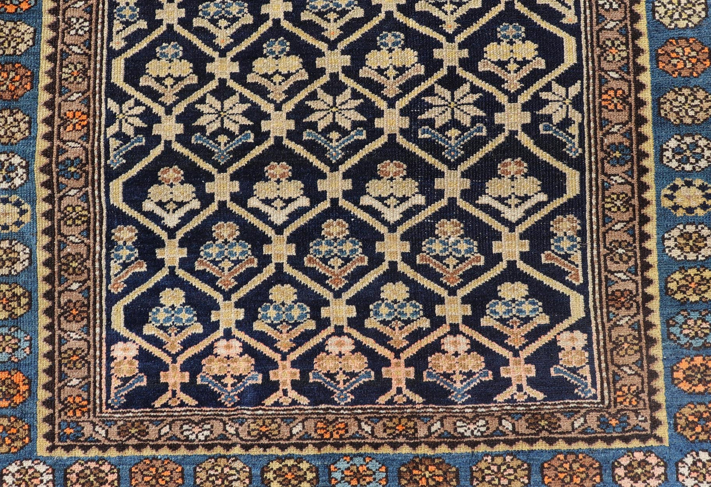 Persian Antique Malayer Rug with Layered Motifs and Geometric Design Blue, dark blue, orange, and tan Malayer antique rug Persian, Keivan Woven Arts / rug EMB - 9710 - P13897, country of origin / type: Iran / Malayer, circa 1920. Measures: 3'... - Keivan Woven ArtsEMB - 9710 - P13897 - 16466Rug