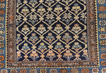 Persian Antique Malayer Rug with Layered Motifs and Geometric Design Blue, dark blue, orange, and tan Malayer antique rug Persian, Keivan Woven Arts / rug EMB - 9710 - P13897, country of origin / type: Iran / Malayer, circa 1920. Measures: 3'... - Keivan Woven ArtsEMB - 9710 - P13897 - 16466Rug