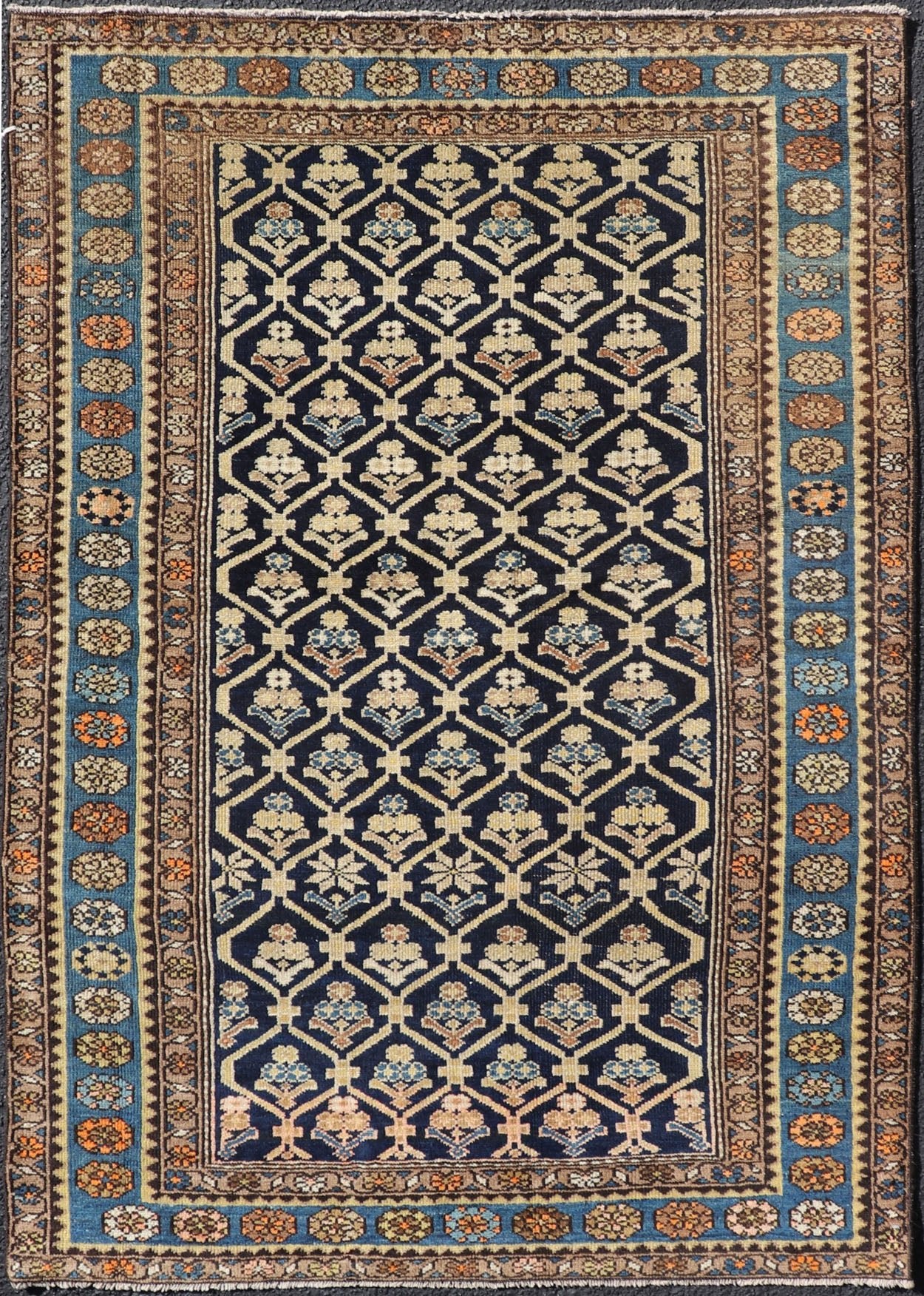 Persian Antique Malayer Rug with Layered Motifs and Geometric Design Blue, dark blue, orange, and tan Malayer antique rug Persian, Keivan Woven Arts / rug EMB - 9710 - P13897, country of origin / type: Iran / Malayer, circa 1920. Measures: 3'... - Keivan Woven ArtsEMB - 9710 - P13897 - 16466Rug