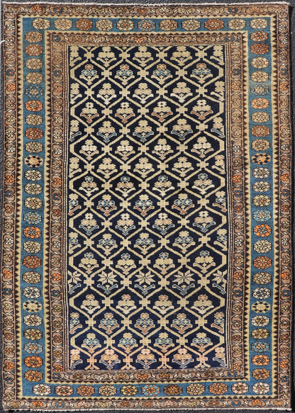 Persian Antique Malayer Rug with Layered Motifs and Geometric Design Blue, dark blue, orange, and tan Malayer antique rug Persian, Keivan Woven Arts / rug EMB - 9710 - P13897, country of origin / type: Iran / Malayer, circa 1920. Measures: 3'... - Keivan Woven ArtsEMB - 9710 - P13897 - 16466Rug