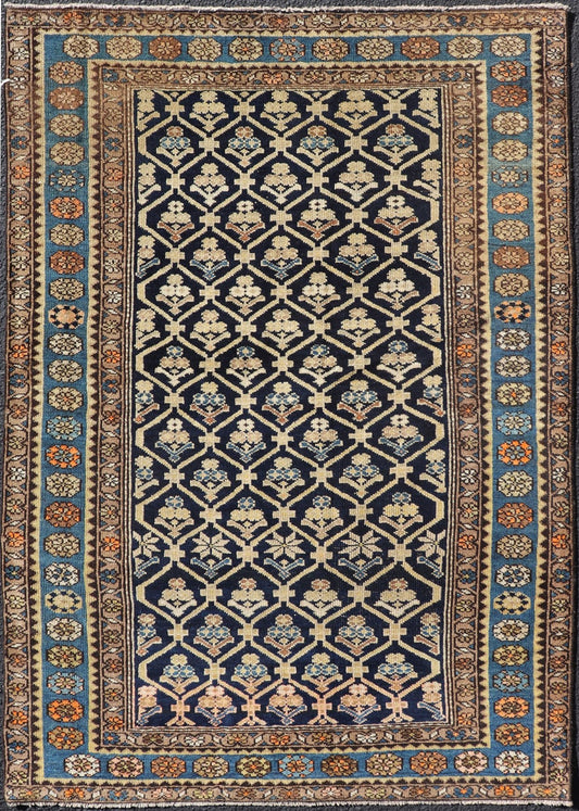 Persian Antique Malayer Rug with Layered Motifs and Geometric Design Blue, dark blue, orange, and tan Malayer antique rug Persian, Keivan Woven Arts / rug EMB - 9710 - P13897, country of origin / type: Iran / Malayer, circa 1920. Measures: 3'... - Keivan Woven ArtsEMB - 9710 - P13897 - 16466Rug