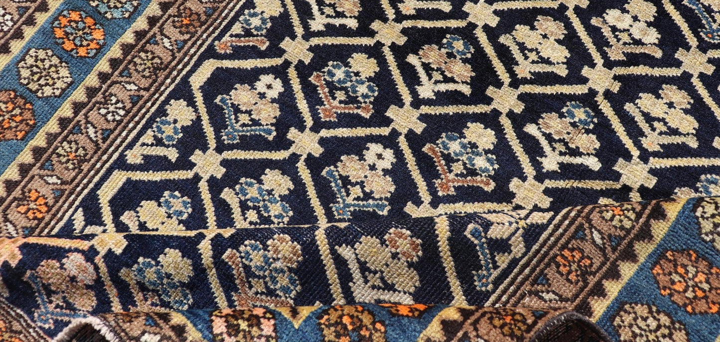 Persian Antique Malayer Rug with Layered Motifs and Geometric Design Blue, dark blue, orange, and tan Malayer antique rug Persian, Keivan Woven Arts / rug EMB - 9710 - P13897, country of origin / type: Iran / Malayer, circa 1920. Measures: 3'... - Keivan Woven ArtsEMB - 9710 - P13897 - 16466Rug