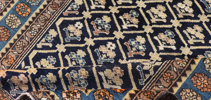 Persian Antique Malayer Rug with Layered Motifs and Geometric Design Blue, dark blue, orange, and tan Malayer antique rug Persian, Keivan Woven Arts / rug EMB - 9710 - P13897, country of origin / type: Iran / Malayer, circa 1920. Measures: 3'... - Keivan Woven ArtsEMB - 9710 - P13897 - 16466Rug
