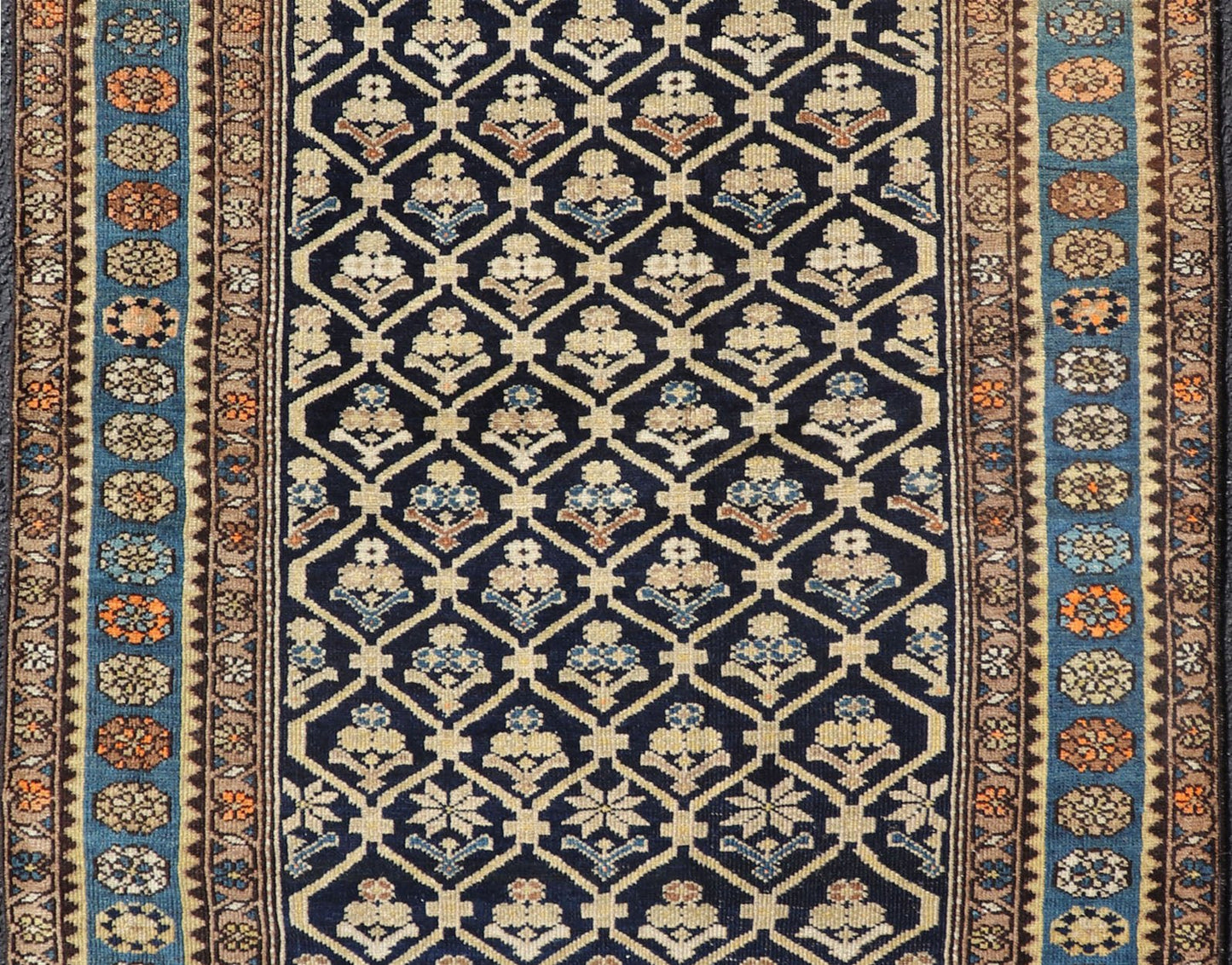 Persian Antique Malayer Rug with Layered Motifs and Geometric Design Blue, dark blue, orange, and tan Malayer antique rug Persian, Keivan Woven Arts / rug EMB - 9710 - P13897, country of origin / type: Iran / Malayer, circa 1920. Measures: 3'... - Keivan Woven ArtsEMB - 9710 - P13897 - 16466Rug