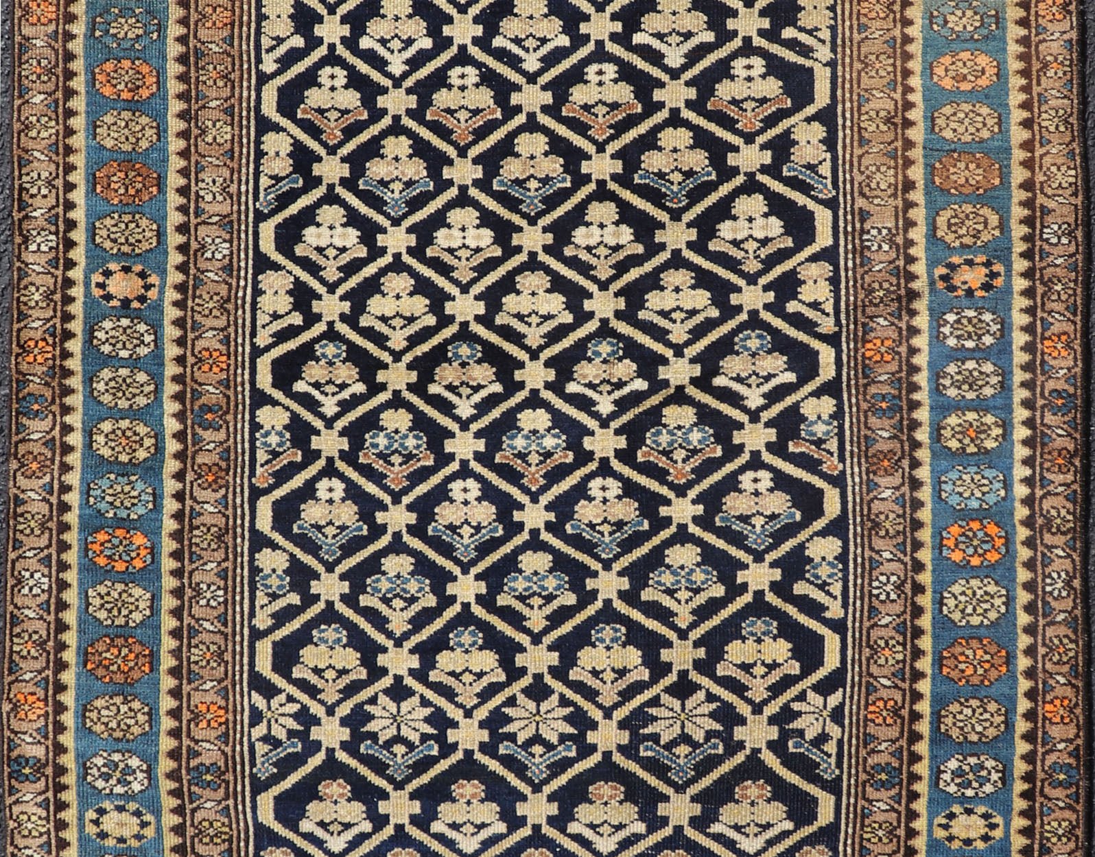 Persian Antique Malayer Rug with Layered Motifs and Geometric Design Blue, dark blue, orange, and tan Malayer antique rug Persian, Keivan Woven Arts / rug EMB - 9710 - P13897, country of origin / type: Iran / Malayer, circa 1920. Measures: 3'... - Keivan Woven ArtsEMB - 9710 - P13897 - 16466Rug