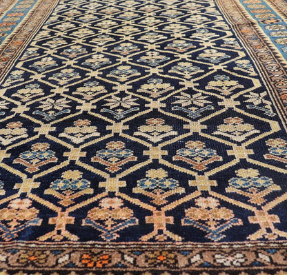 Persian Antique Malayer Rug with Layered Motifs and Geometric Design Blue, dark blue, orange, and tan Malayer antique rug Persian, Keivan Woven Arts / rug EMB - 9710 - P13897, country of origin / type: Iran / Malayer, circa 1920. Measures: 3'... - Keivan Woven ArtsEMB - 9710 - P13897 - 16466Rug