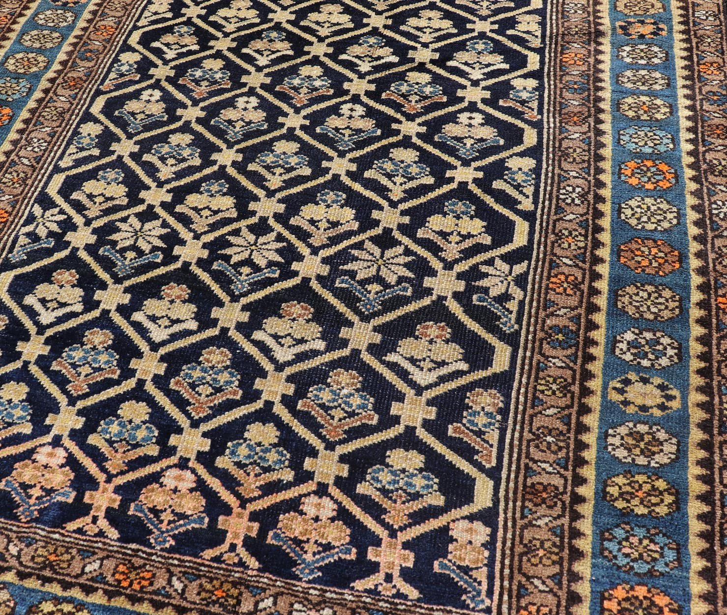 Persian Antique Malayer Rug with Layered Motifs and Geometric Design Blue, dark blue, orange, and tan Malayer antique rug Persian, Keivan Woven Arts / rug EMB - 9710 - P13897, country of origin / type: Iran / Malayer, circa 1920. Measures: 3'... - Keivan Woven ArtsEMB - 9710 - P13897 - 16466Rug