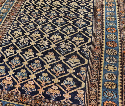 Persian Antique Malayer Rug with Layered Motifs and Geometric Design Blue, dark blue, orange, and tan Malayer antique rug Persian, Keivan Woven Arts / rug EMB - 9710 - P13897, country of origin / type: Iran / Malayer, circa 1920. Measures: 3'... - Keivan Woven ArtsEMB - 9710 - P13897 - 16466Rug