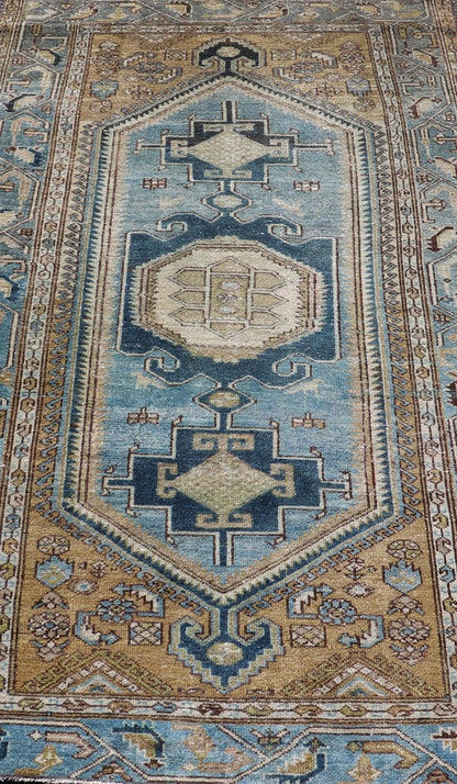 Antique Persian rug with a blue field and brown cornices with a blue border, rug EMB - 9713 - P13901, country of origin / type: Iran / Malayer, circa 1920. Keivan Woven Arts Measures: 3'10 x 6'8 Persian Antique Malayer Rug with Geometri... - Keivan Woven ArtsEMB - 9713 - P13901 - 16478Rug