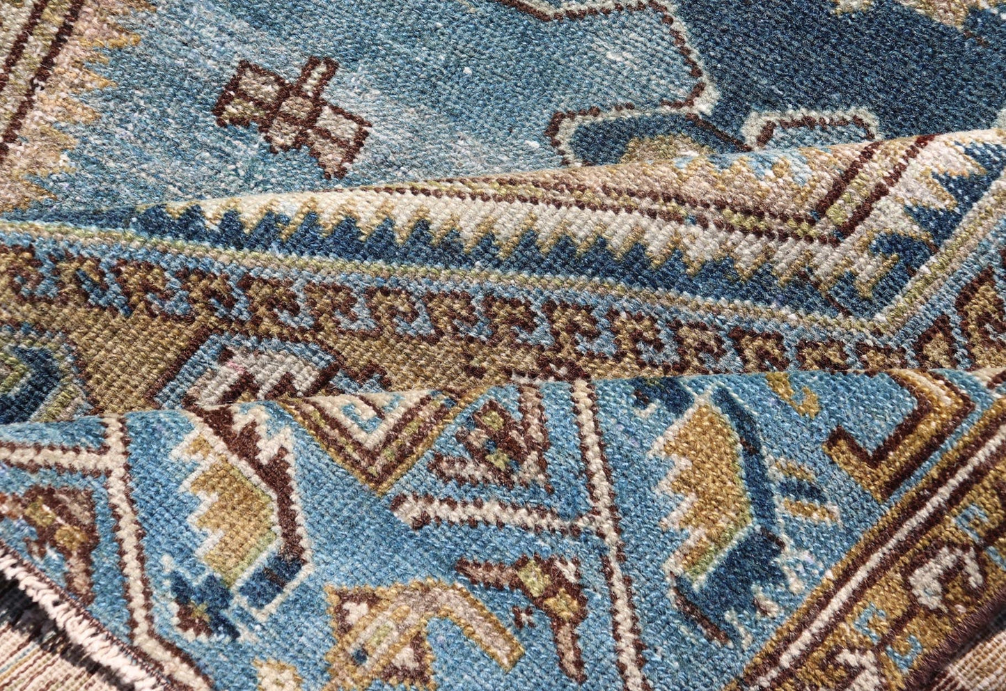 Antique Persian rug with a blue field and brown cornices with a blue border, rug EMB - 9713 - P13901, country of origin / type: Iran / Malayer, circa 1920. Keivan Woven Arts Measures: 3'10 x 6'8 Persian Antique Malayer Rug with Geometri... - Keivan Woven ArtsEMB - 9713 - P13901 - 16478Rug