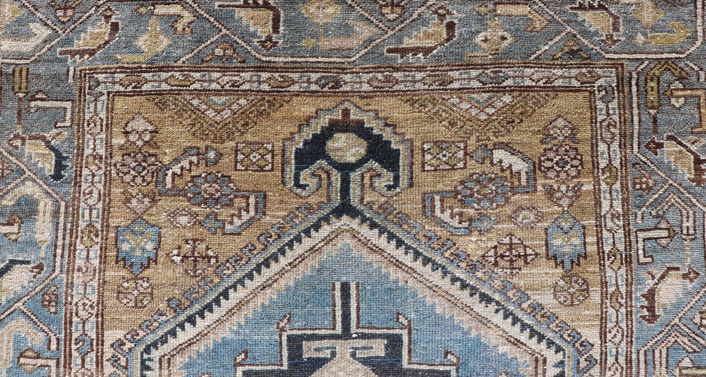 Antique Persian rug with a blue field and brown cornices with a blue border, rug EMB - 9713 - P13901, country of origin / type: Iran / Malayer, circa 1920. Keivan Woven Arts Measures: 3'10 x 6'8 Persian Antique Malayer Rug with Geometri... - Keivan Woven ArtsEMB - 9713 - P13901 - 16478Rug