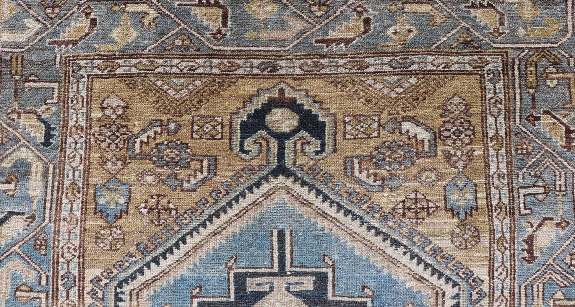 Antique Persian rug with a blue field and brown cornices with a blue border, rug EMB - 9713 - P13901, country of origin / type: Iran / Malayer, circa 1920. Keivan Woven Arts Measures: 3'10 x 6'8 Persian Antique Malayer Rug with Geometri... - Keivan Woven ArtsEMB - 9713 - P13901 - 16478Rug