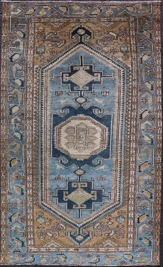 Antique Persian rug with a blue field and brown cornices with a blue border, rug EMB - 9713 - P13901, country of origin / type: Iran / Malayer, circa 1920. Keivan Woven Arts Measures: 3'10 x 6'8 Persian Antique Malayer Rug with Geometri... - Keivan Woven ArtsEMB - 9713 - P13901 - 16478Rug