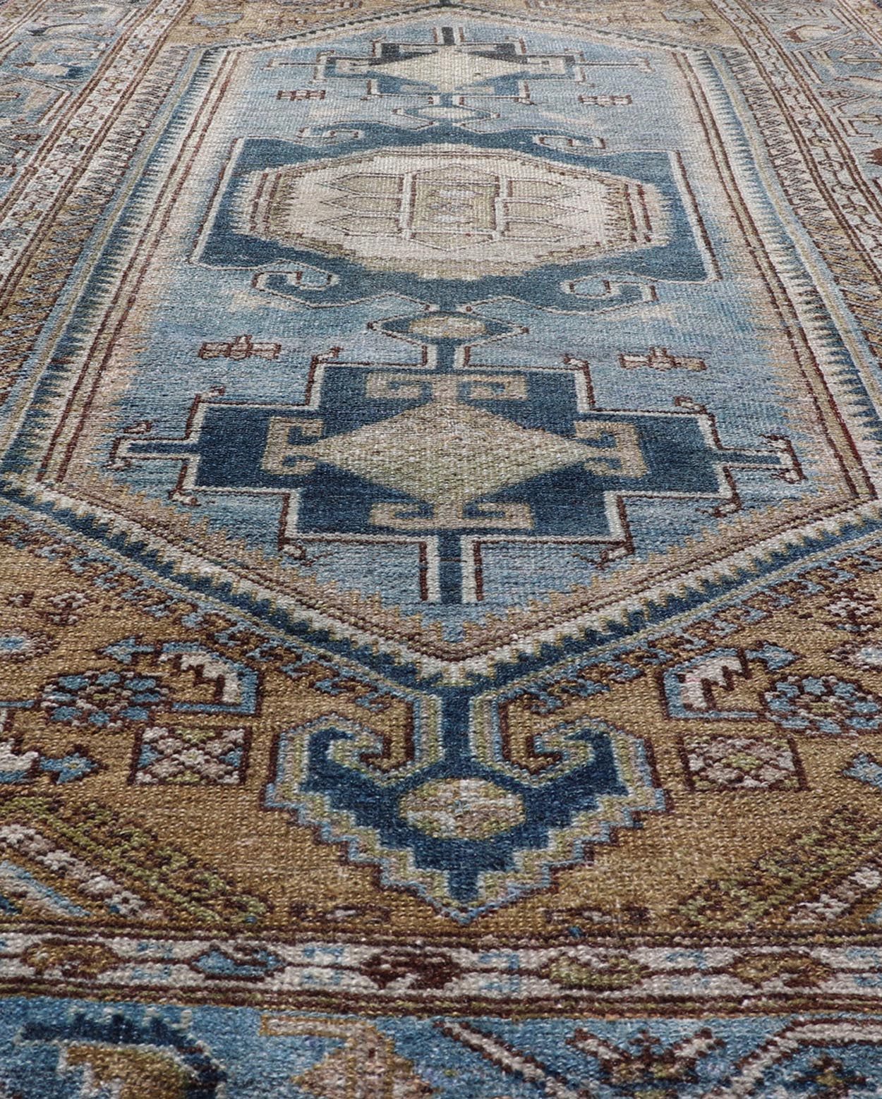 Antique Persian rug with a blue field and brown cornices with a blue border, rug EMB - 9713 - P13901, country of origin / type: Iran / Malayer, circa 1920. Keivan Woven Arts Measures: 3'10 x 6'8 Persian Antique Malayer Rug with Geometri... - Keivan Woven ArtsEMB - 9713 - P13901 - 16478Rug