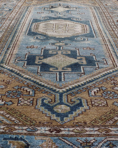 Antique Persian rug with a blue field and brown cornices with a blue border, rug EMB - 9713 - P13901, country of origin / type: Iran / Malayer, circa 1920. Keivan Woven Arts Measures: 3'10 x 6'8 Persian Antique Malayer Rug with Geometri... - Keivan Woven ArtsEMB - 9713 - P13901 - 16478Rug