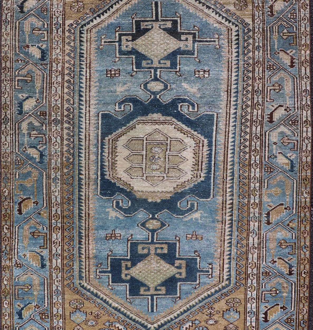 Antique Persian rug with a blue field and brown cornices with a blue border, rug EMB - 9713 - P13901, country of origin / type: Iran / Malayer, circa 1920. Keivan Woven Arts Measures: 3'10 x 6'8 Persian Antique Malayer Rug with Geometri... - Keivan Woven ArtsEMB - 9713 - P13901 - 16478Rug