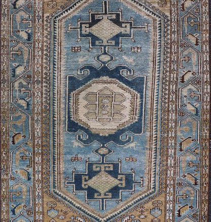 Antique Persian rug with a blue field and brown cornices with a blue border, rug EMB - 9713 - P13901, country of origin / type: Iran / Malayer, circa 1920. Keivan Woven Arts Measures: 3'10 x 6'8 Persian Antique Malayer Rug with Geometri... - Keivan Woven ArtsEMB - 9713 - P13901 - 16478Rug
