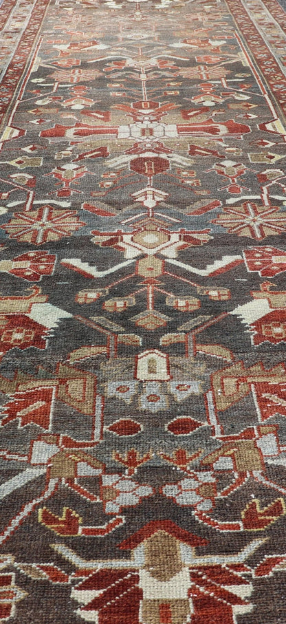 Antique Malayer Runner with Geometric Designs in Gray, Blue, Red, and Tan Geometric medallion design Persian Malayer runner with charcoal, gray, blue, red and tan colors, Keivan Woven Arts / rug EMB - 9715 - P13896, country of origin / type: Iran / ... - Keivan Woven ArtsEMB - 9715 - P13896 - 16522Rug