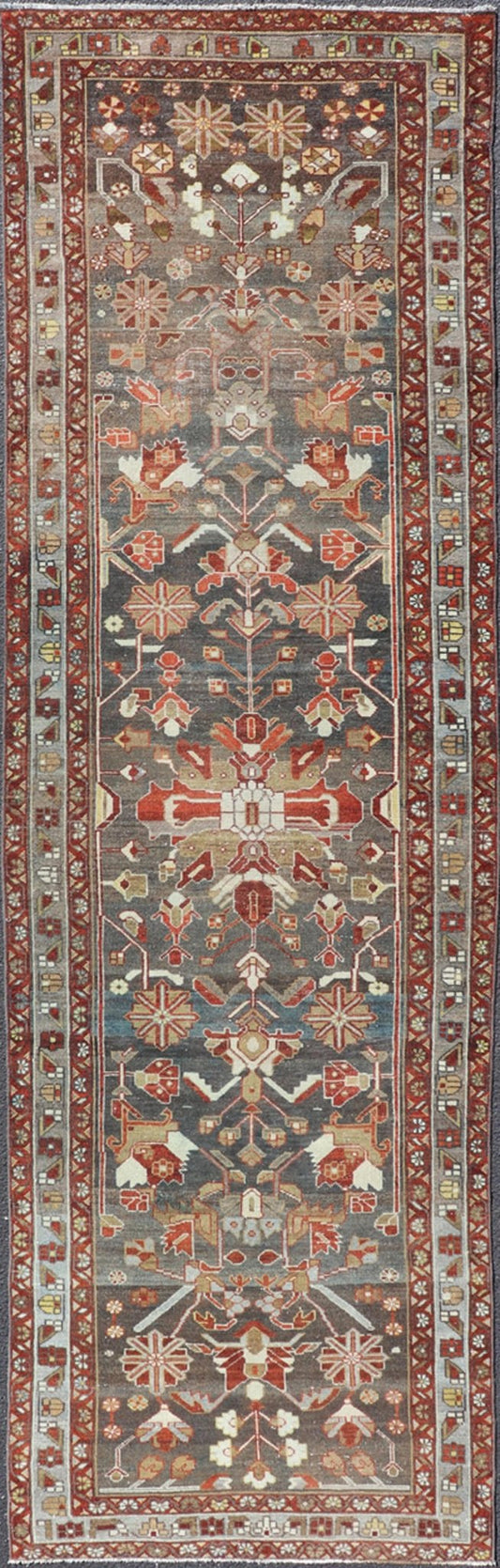 Antique Malayer Runner with Geometric Designs in Gray, Blue, Red, and Tan Geometric medallion design Persian Malayer runner with charcoal, gray, blue, red and tan colors, Keivan Woven Arts / rug EMB - 9715 - P13896, country of origin / type: Iran / ... - Keivan Woven ArtsEMB - 9715 - P13896 - 16522Rug