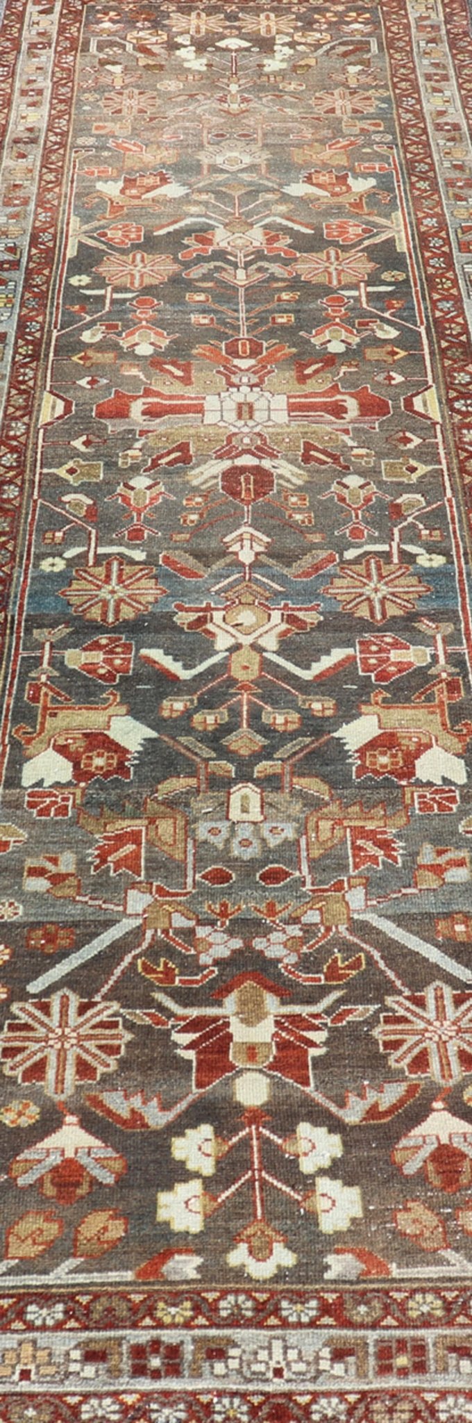Antique Malayer Runner with Geometric Designs in Gray, Blue, Red, and Tan Geometric medallion design Persian Malayer runner with charcoal, gray, blue, red and tan colors, Keivan Woven Arts / rug EMB - 9715 - P13896, country of origin / type: Iran / ... - Keivan Woven ArtsEMB - 9715 - P13896 - 16522Rug