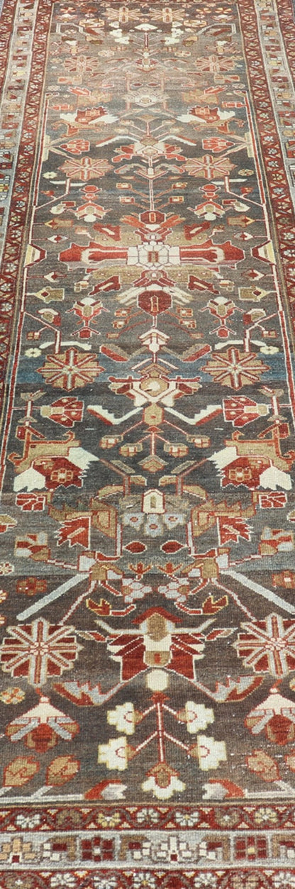 Antique Malayer Runner with Geometric Designs in Gray, Blue, Red, and Tan Geometric medallion design Persian Malayer runner with charcoal, gray, blue, red and tan colors, Keivan Woven Arts / rug EMB - 9715 - P13896, country of origin / type: Iran / ... - Keivan Woven ArtsEMB - 9715 - P13896 - 16522Rug