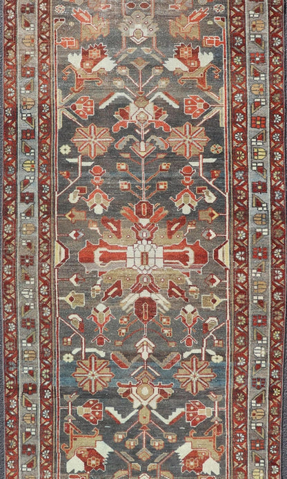 Antique Malayer Runner with Geometric Designs in Gray, Blue, Red, and Tan Geometric medallion design Persian Malayer runner with charcoal, gray, blue, red and tan colors, Keivan Woven Arts / rug EMB - 9715 - P13896, country of origin / type: Iran / ... - Keivan Woven ArtsEMB - 9715 - P13896 - 16522Rug