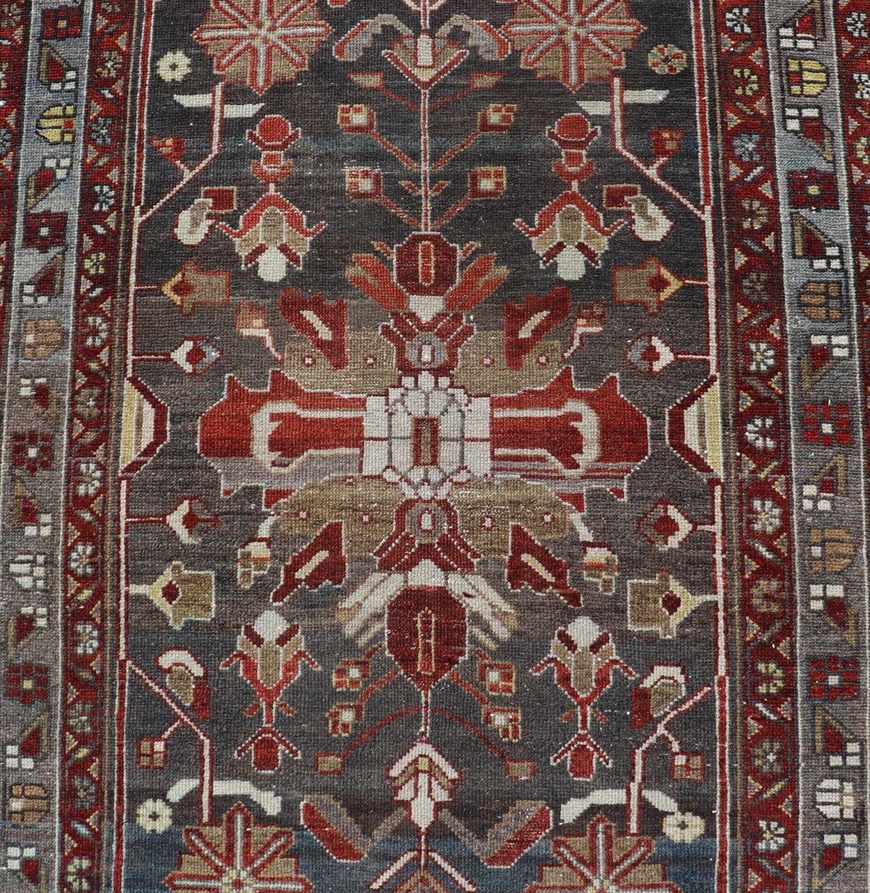 Antique Malayer Runner with Geometric Designs in Gray, Blue, Red, and Tan Geometric medallion design Persian Malayer runner with charcoal, gray, blue, red and tan colors, Keivan Woven Arts / rug EMB - 9715 - P13896, country of origin / type: Iran / ... - Keivan Woven ArtsEMB - 9715 - P13896 - 16522Rug