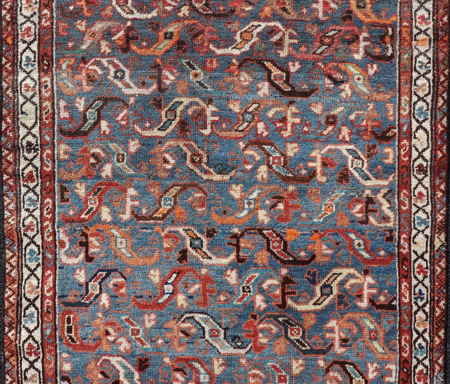 Antique Persian Malayer Rug with a Blue Field and Stylized Tribal Design Antique Persian Malayer rug with blue field and tribal motif design, Keivan Woven Arts / rug/EMB - 9716 - P13895, country of origin / type: Iran / Malayer, circa 1920. ... - Keivan Woven ArtsEMB - 9716 - P13895 - 16490