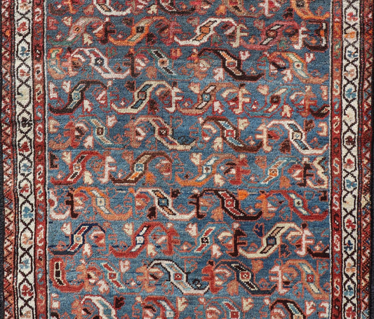 Antique Persian Malayer Rug with a Blue Field and Stylized Tribal Design Antique Persian Malayer rug with blue field and tribal motif design, Keivan Woven Arts / rug/EMB - 9716 - P13895, country of origin / type: Iran / Malayer, circa 1920. ... - Keivan Woven ArtsEMB - 9716 - P13895 - 16490