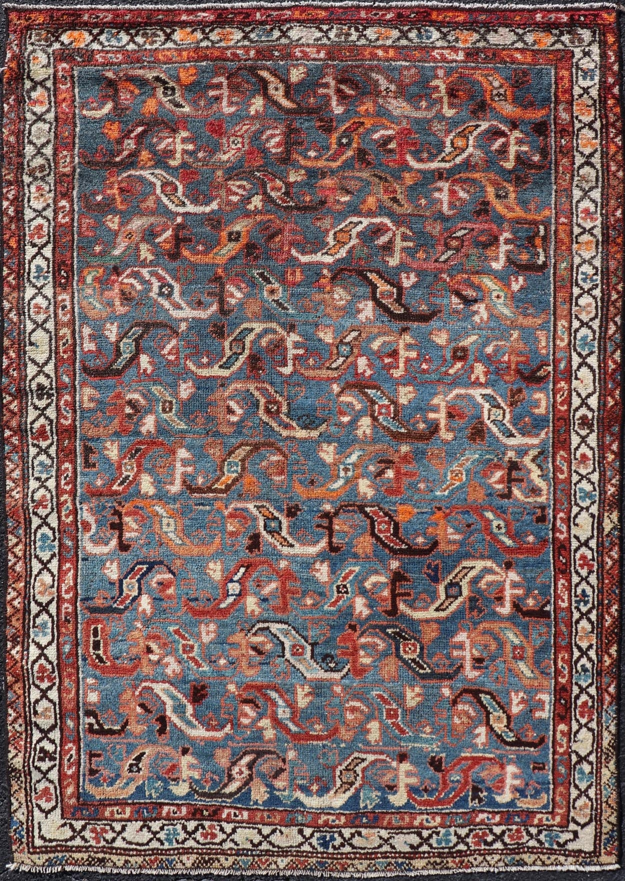 Antique Persian Malayer Rug with a Blue Field and Stylized Tribal Design Antique Persian Malayer rug with blue field and tribal motif design, Keivan Woven Arts / rug/EMB - 9716 - P13895, country of origin / type: Iran / Malayer, circa 1920. ... - Keivan Woven ArtsEMB - 9716 - P13895 - 16490Rug