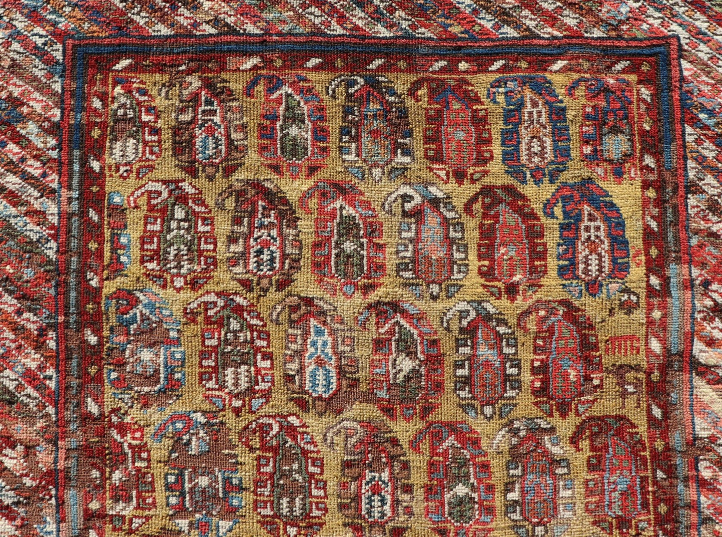Antique Caucasian Kazak Runner with Paisley Design. Keivan Woven Arts; rug/ EMBC - 9617 - 13852 / Persian Rug, Country of Origin: Caucasus Type: Kazak Design: All - Over, Sub - Geometric, Kazak in Paisley design Measures: 3'6 x 8'3 This gorgeous ye... - Keivan Woven ArtsEMBC - 9617 - 13852 - 15947Rug