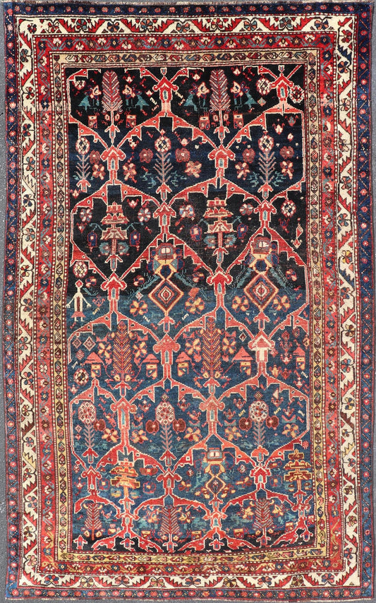 Antique Persian Bakhitari Colorful Rug with All - Over Floral Medallion Design. Keivan Woven Arts: rug EMB - 9695 - 13820; Antique Persian Rug, Antique Persian Antique Persian Floral Rug, Antique Bakhtiari. Measures: 4'8 x 8'4 This woven art features... - Keivan Woven ArtsEMBC - 9695 - 13820 - 16528Rug