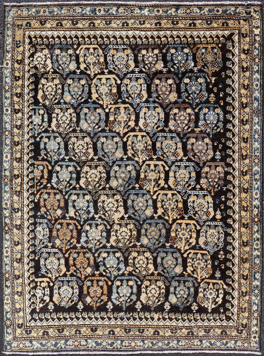 Colorful Blue Antique Persian Hamadan Rug with All - Over Tribal Motifs. Keivan Woven Arts / rug EMBC - 9696 - 13818, country of origin / type: Iran / Hamadan, circa 1920. Measures: 4'0 x 5'5 This antique Persian Hamadan rug (circa early 20th century)... - Keivan Woven ArtsEMBC - 9696 - P13818 - 16534Rug