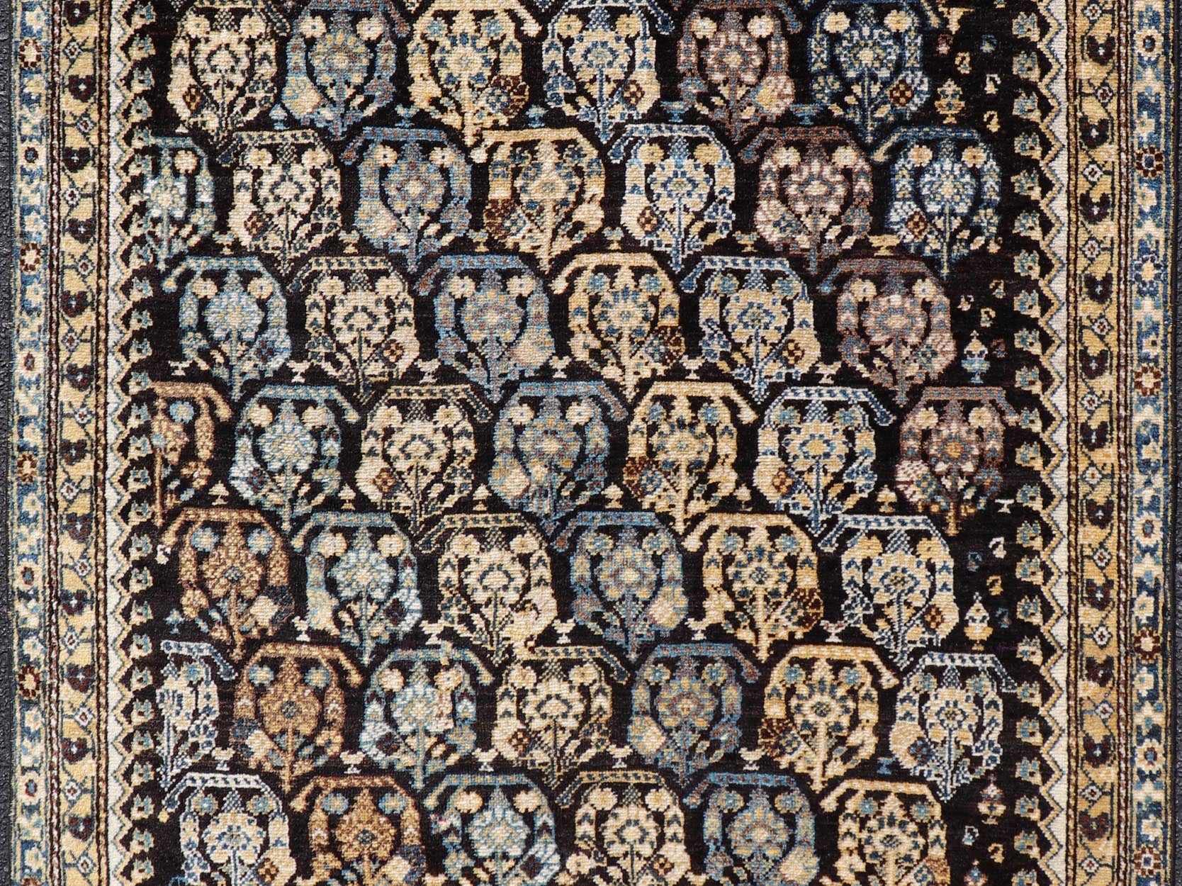 Colorful Blue Antique Persian Hamadan Rug with All - Over Tribal Motifs. Keivan Woven Arts / rug EMBC - 9696 - 13818, country of origin / type: Iran / Hamadan, circa 1920. Measures: 4'0 x 5'5 This antique Persian Hamadan rug (circa early 20th century)... - Keivan Woven ArtsEMBC - 9696 - P13818 - 16534Rug