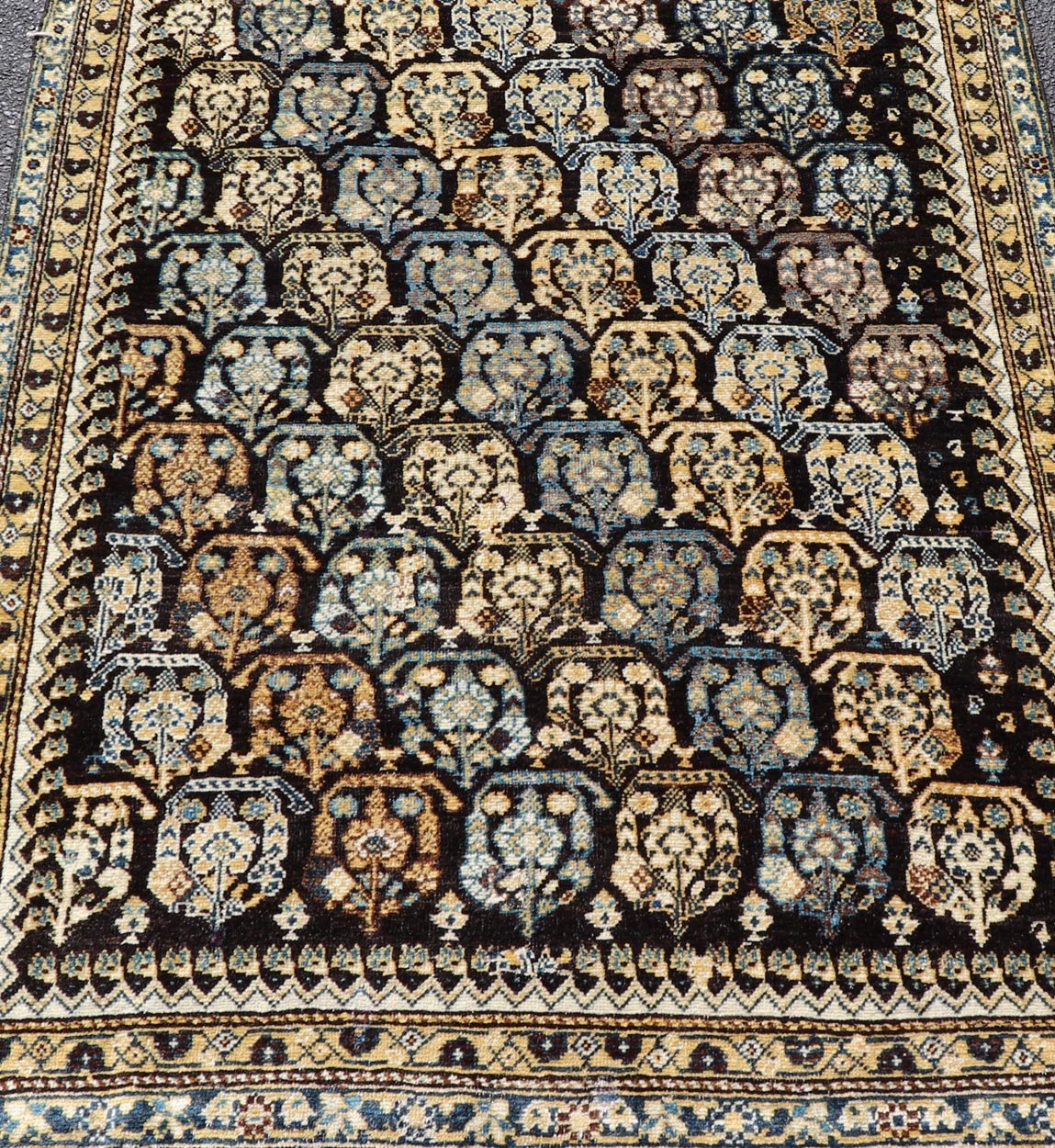 Colorful Blue Antique Persian Hamadan Rug with All - Over Tribal Motifs. Keivan Woven Arts / rug EMBC - 9696 - 13818, country of origin / type: Iran / Hamadan, circa 1920. Measures: 4'0 x 5'5 This antique Persian Hamadan rug (circa early 20th century)... - Keivan Woven ArtsEMBC - 9696 - P13818 - 16534Rug