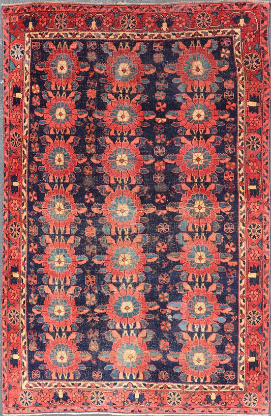 Antique Persian Bidjar Rug with All - Over Floral Motifs in Red and Blue.Keivan Woven Arts / EMBC - 9699 - 13819, country of origin / type: Iran / Bidjar, circa 1900 Measures: 5'0 x 7'9 This antique Persian Bidjar carpet features multi colors and a la... - Keivan Woven ArtsEMBC - 9699 - 13819 - 16546Rug